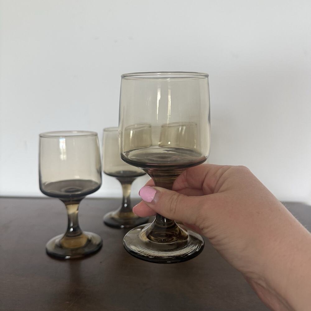 Vintage Libbey Tawny Brown Wine Goblets Set of 3 8oz Smoky Glass MCM Barware